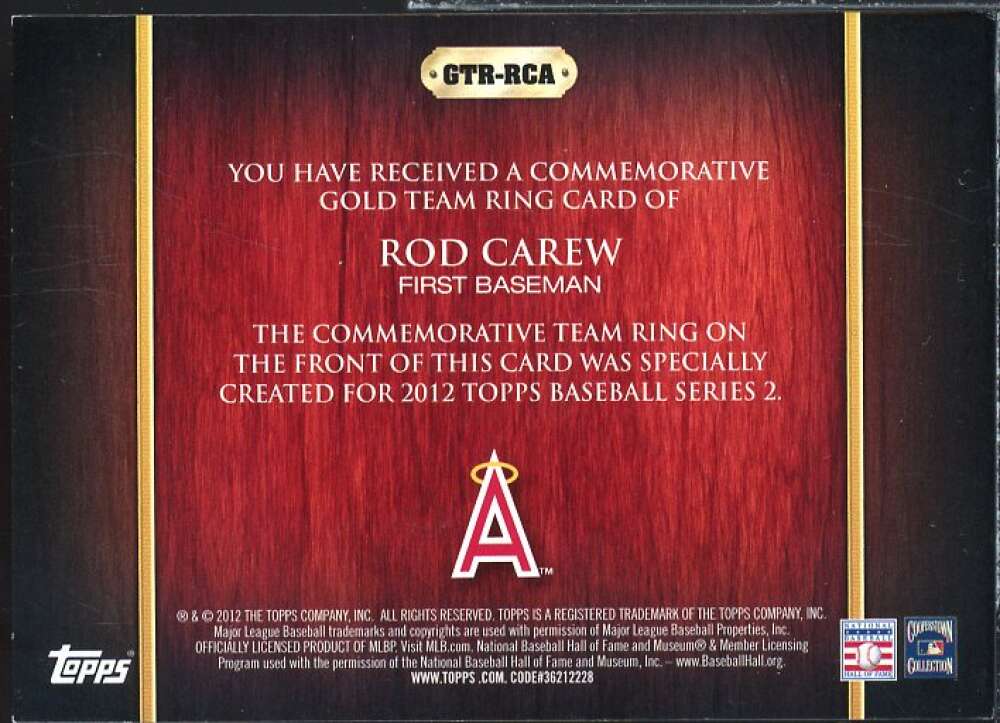 Rod Carew Card 2012 Topps Team Rings #RC  Image 2