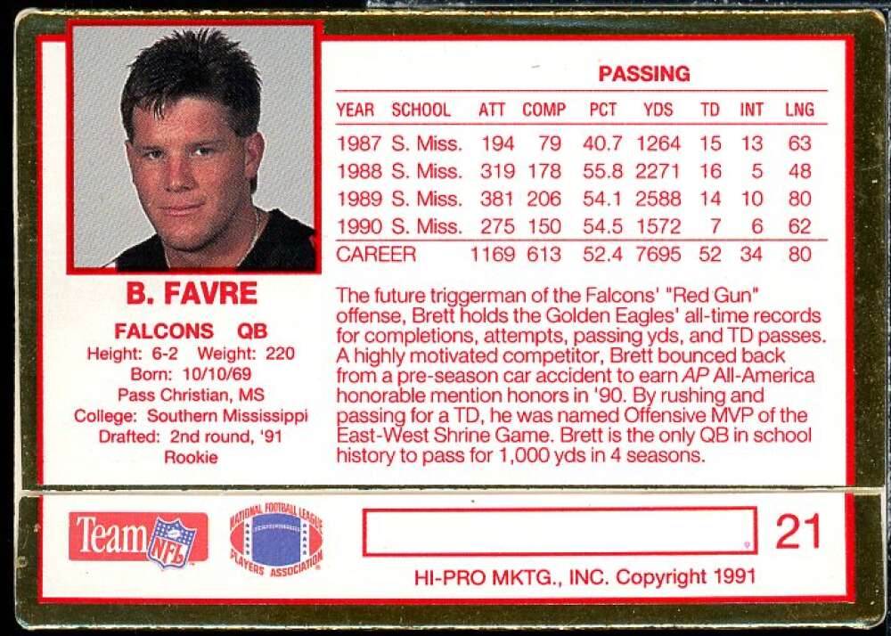 Brett Favre Rookie Card 1991 Action Packed Rookie Update #21  Image 2