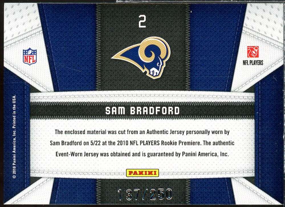 Sam Bradford Card 2010 Certified Rookie Fabric of the Game #2  Image 2