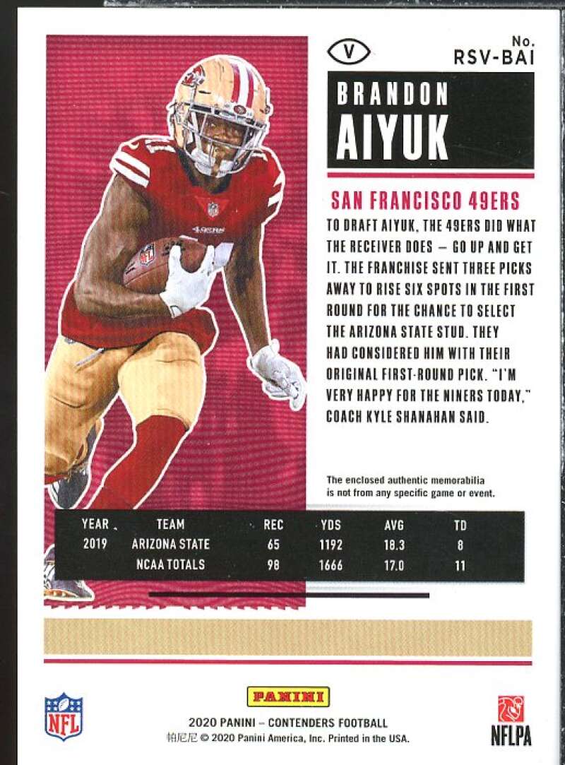 Brandon Aiyuk Rookie Card 2020 Panini Contenders Rookie Ticket Swatches #10  Image 2