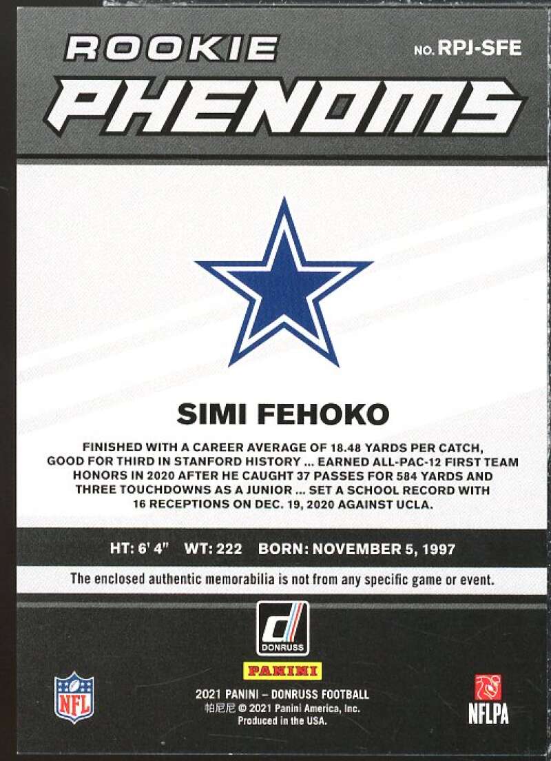Simi Fehoko Rookie Card 2021 Donruss Rookie Phenom Jerseys #40  Image 2