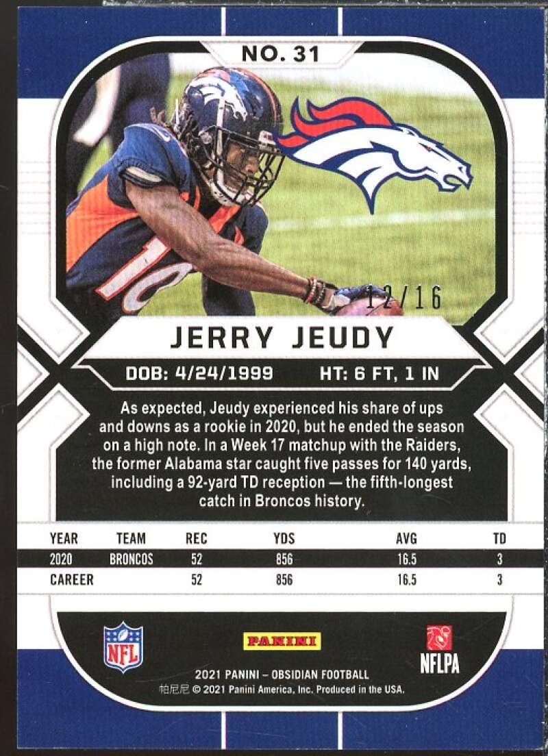 Jerry Jeudy Card 2021 Panini Obsidian Electric Etch Purple Flood #31  Image 2