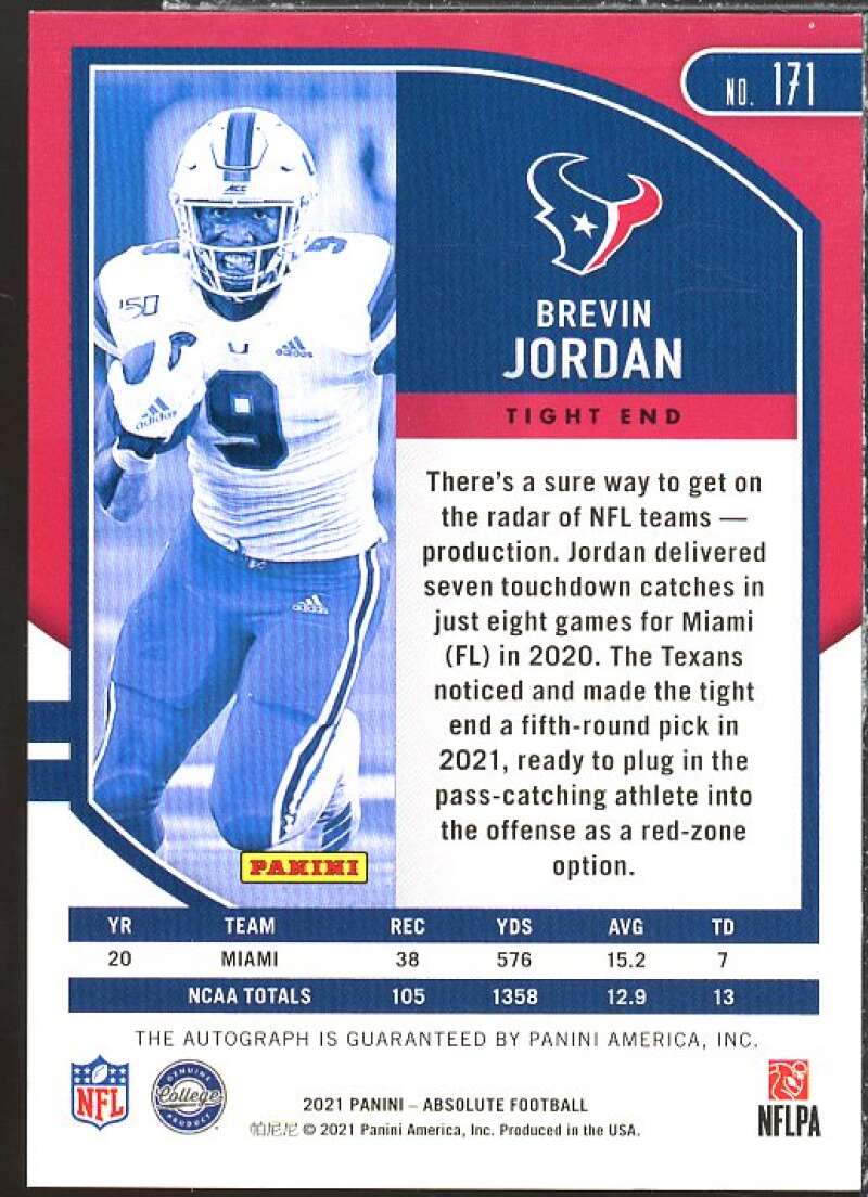 Brevin Jordan Rookie Card 2021 Absolute Signature Rookies Spectrum Orange #171  Image 2