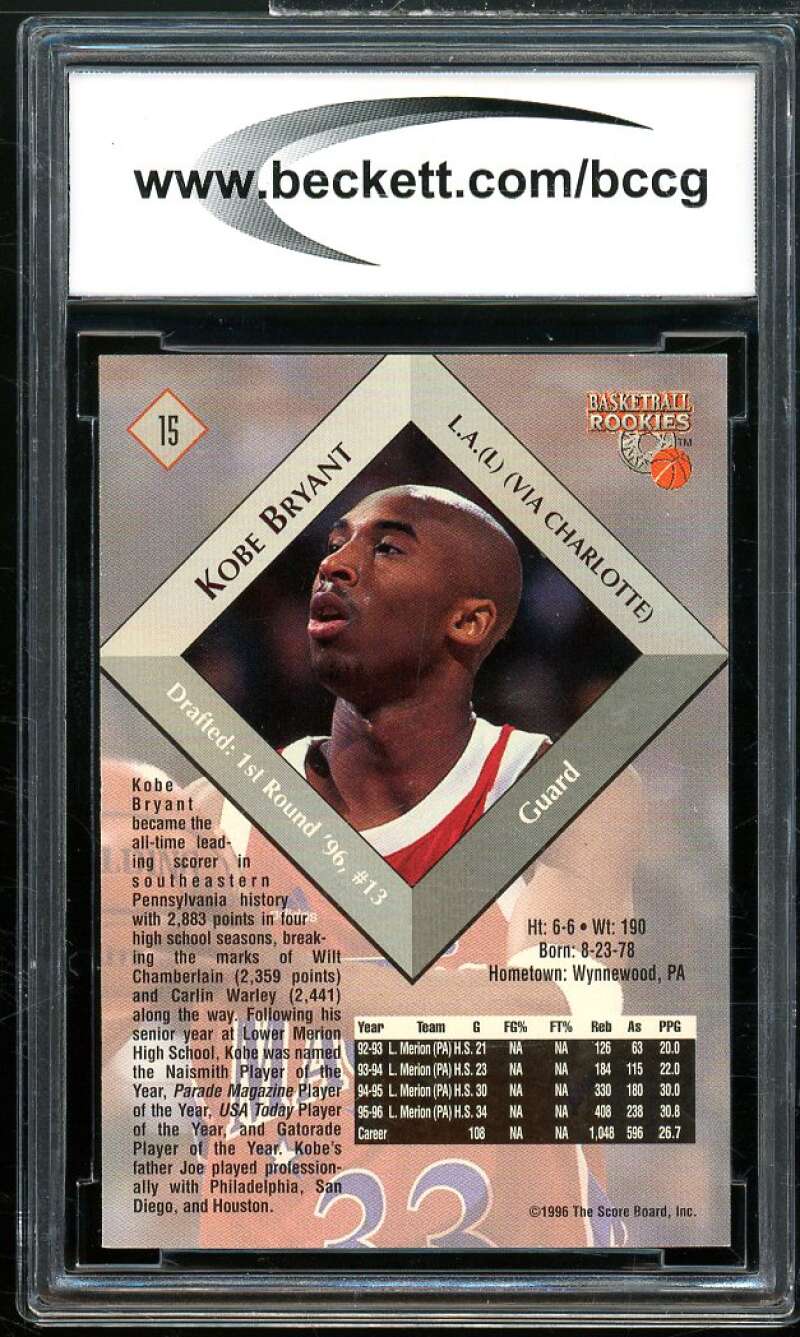 1996 SB Rookies #15 Kobe Bryant Rookie Card BGS BCCG 10 Mint+ Image 2