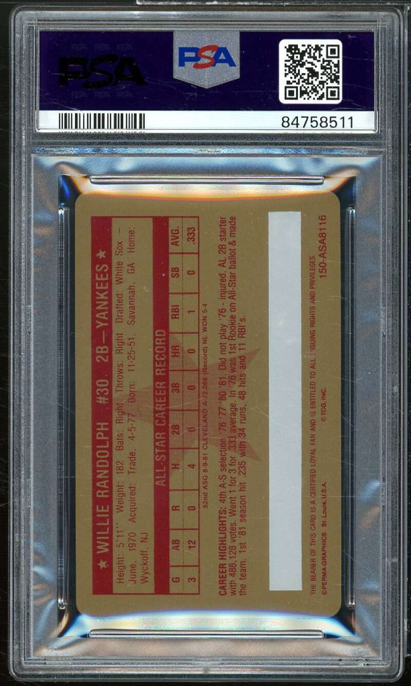 Willie Randolph Card 1981 Perma-Graphics All-Star Credit Card Gold #16 PSA 6 Image 2