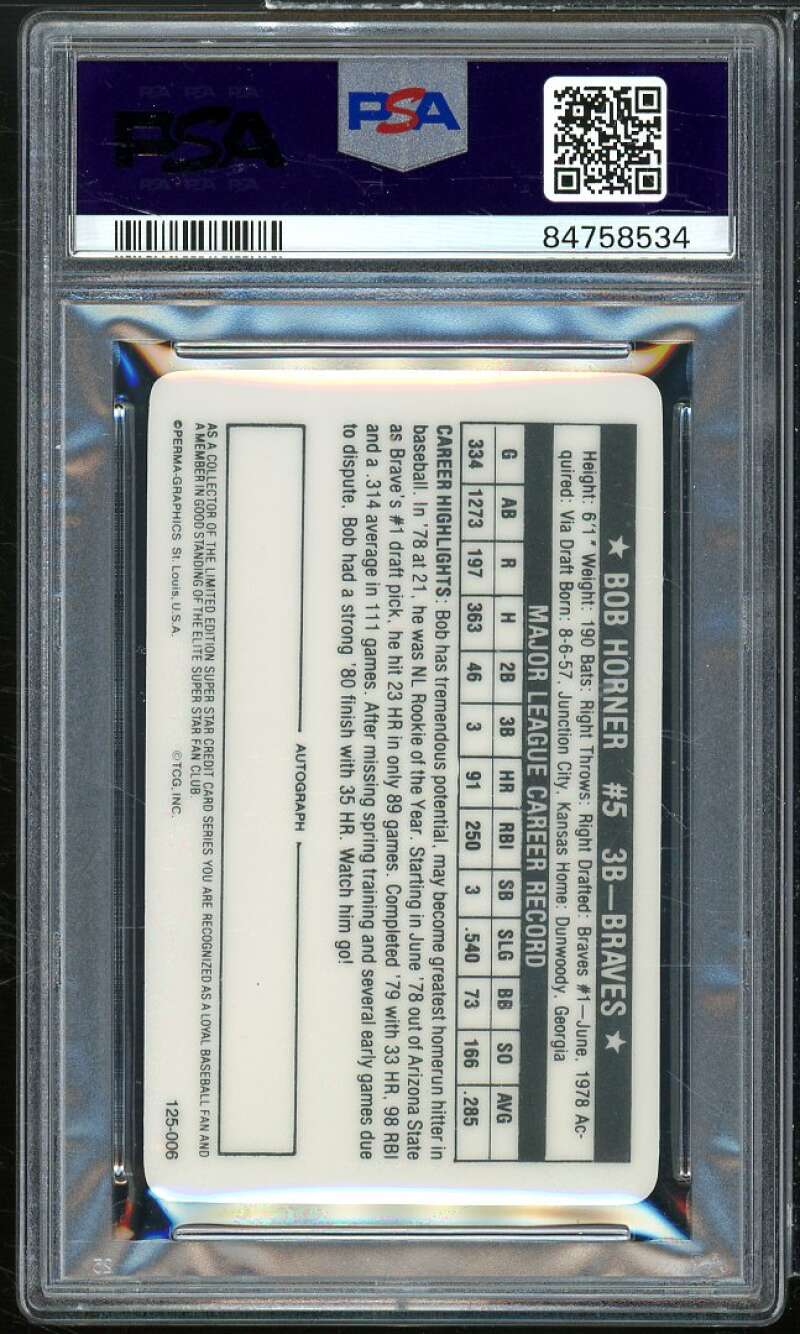 Bob Horner Card 1981 Perma-Graphics Super Star Credit Card #6 PSA 8 Image 2