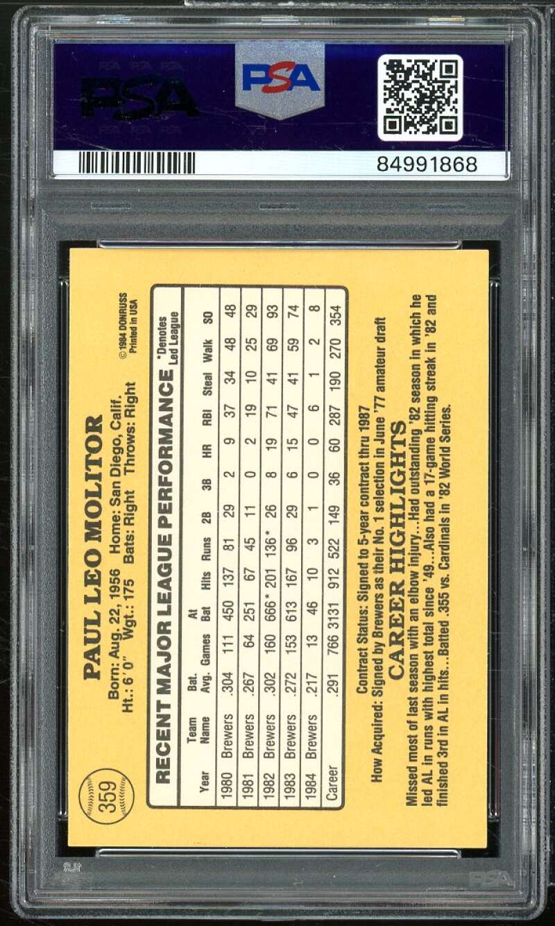 Paul Molitor Card 1985 Donruss #359 PSA 8 Image 2