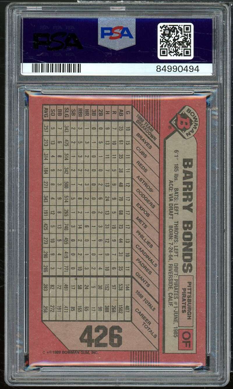 Barry Bonds Card 1989 Bowman #426 PSA 8 Image 2