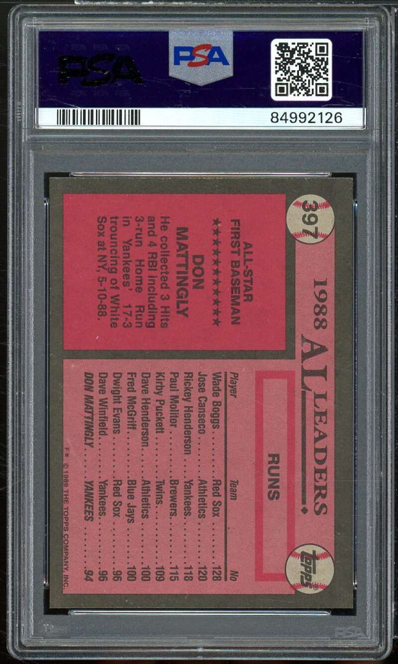 Don Mattingly Card 1989 Topps #397 PSA 8 Image 2