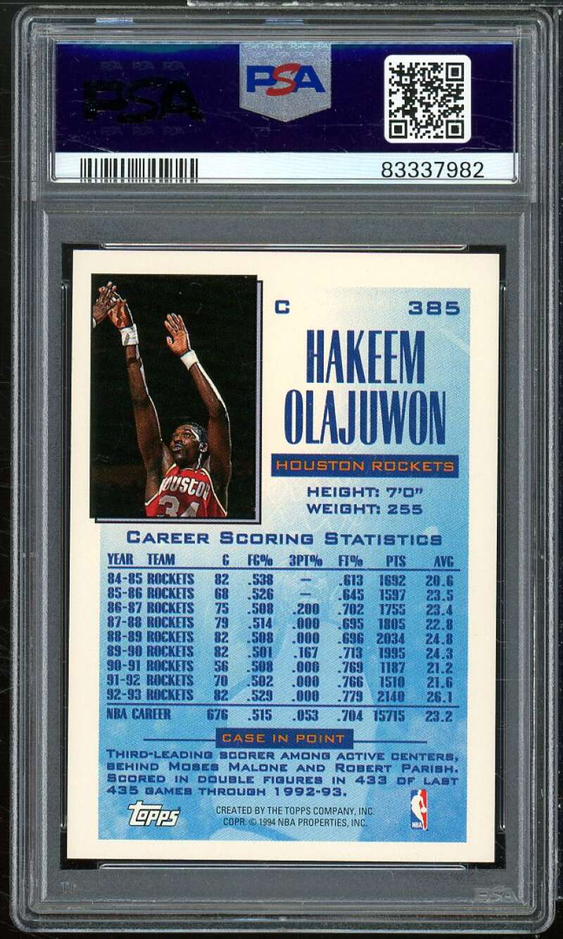 Akeem Olajuwon Card 1993-94 Topps #385 PSA 9 Image 2