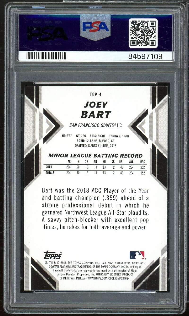 Joey Bart Rookie Card 2019 Bowman Platinum Top Prospects #TOP-4 PSA 10 Image 2