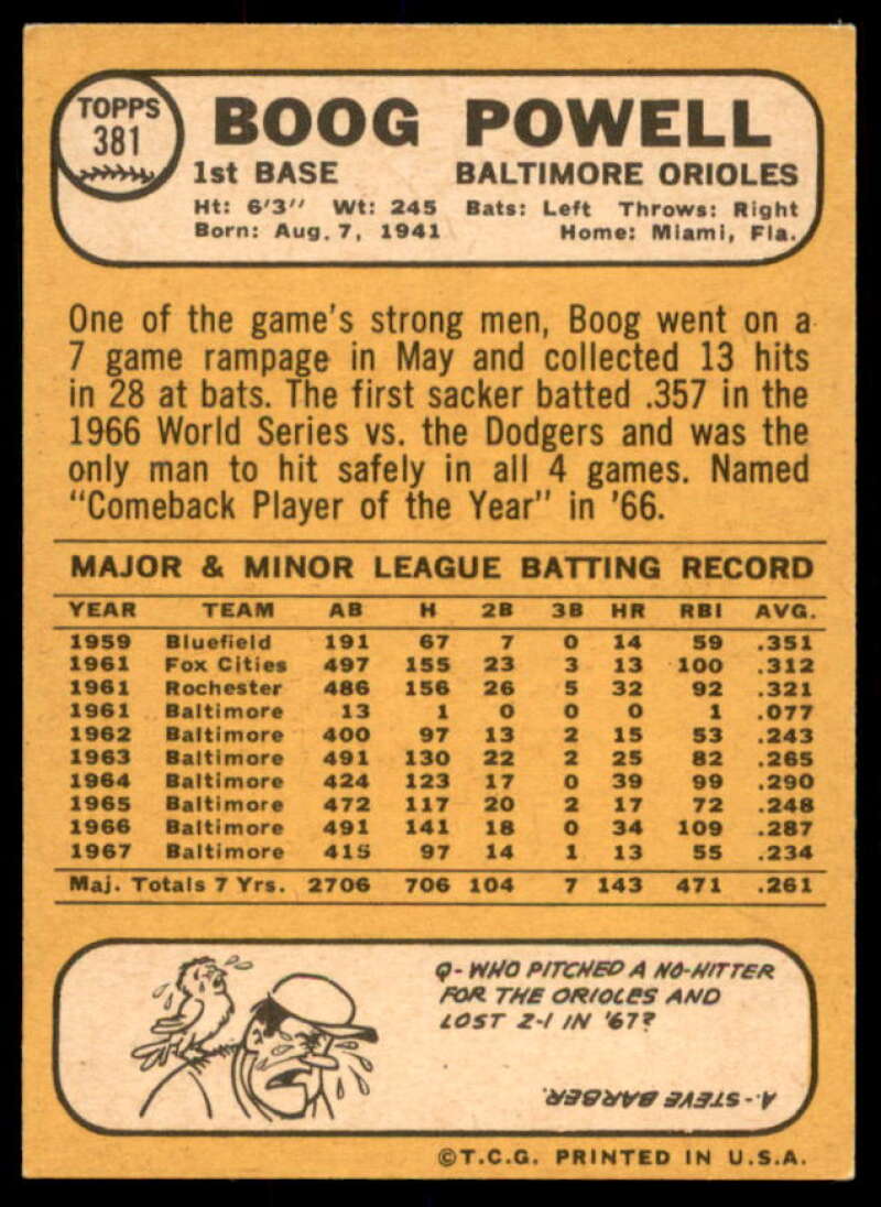 Boog Powell Card 1968 Topps #381  Image 2