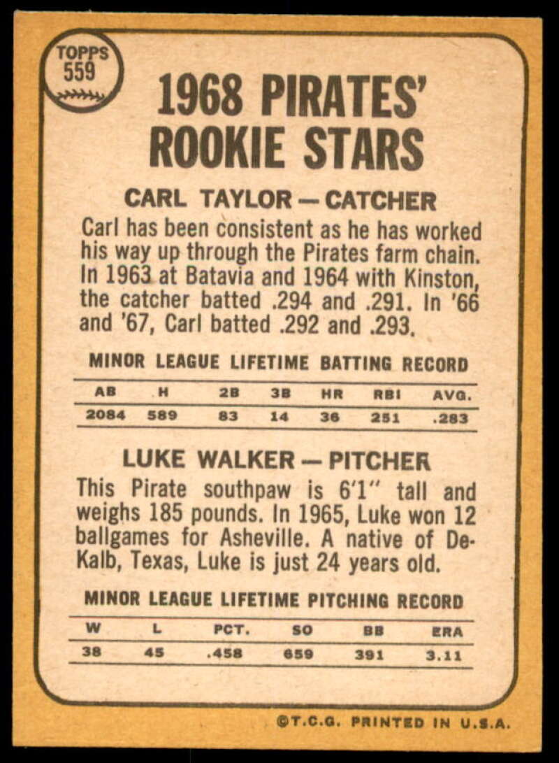 Rookie Stars/Carl Taylor RC/Luke Walker Card 1968 Topps #559  Image 2