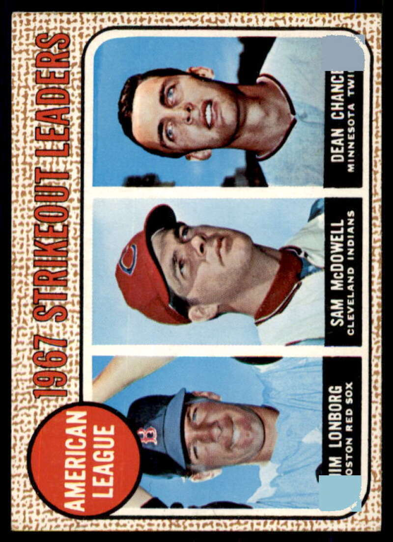 AL Strikeout Leaders/Jim Lonborg/Sam McDowell/Dean Chance Card 1968 Topps #12  Image 1