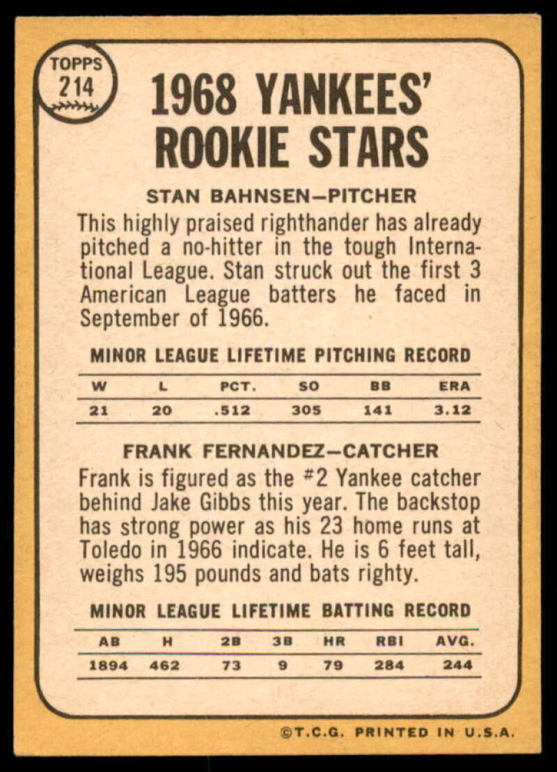 Rookie Stars/Stan Bahnsen/Frank Fernandez Card 1968 Topps #214  Image 2