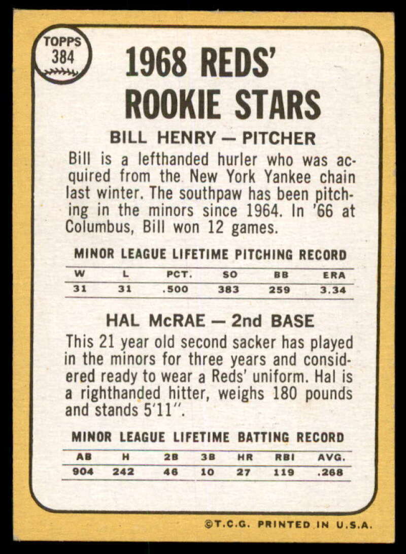 Rookie Stars/Bill Henry/Hal McRae RC Card 1968 Topps #384  Image 2