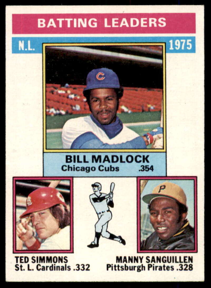 NL Batting Leaders/Bill Madlock/Ted Simmons/Manny Sanguillen 1976 Topps #191  Image 1