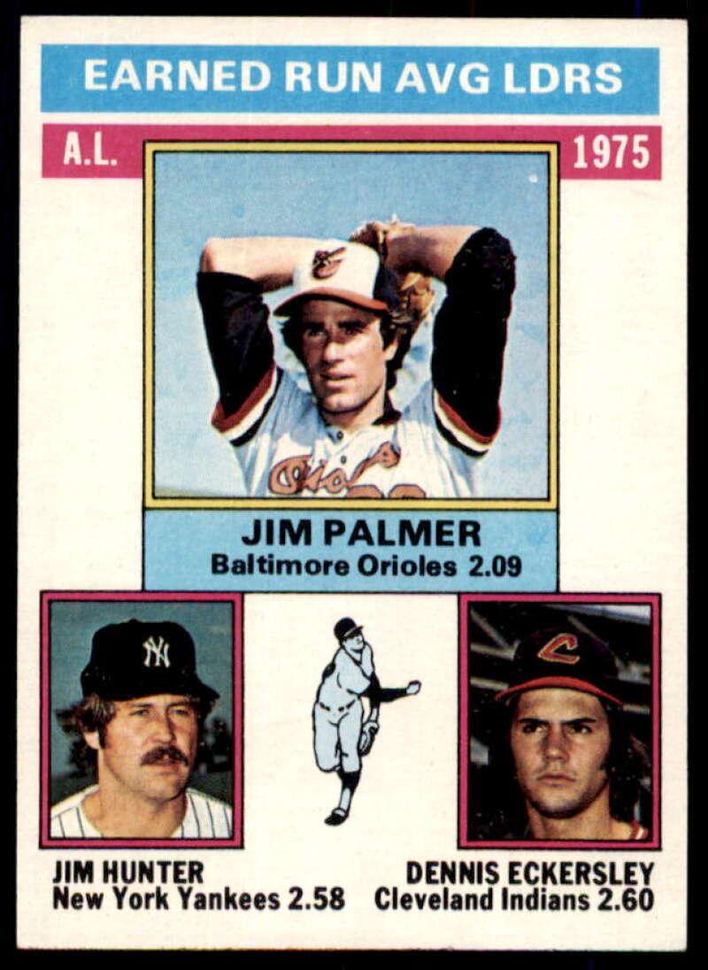 AL ERA Leaders/Jim Palmer/Jim Hunter/Dennis Eckersley Card 1976 Topps #202  Image 1