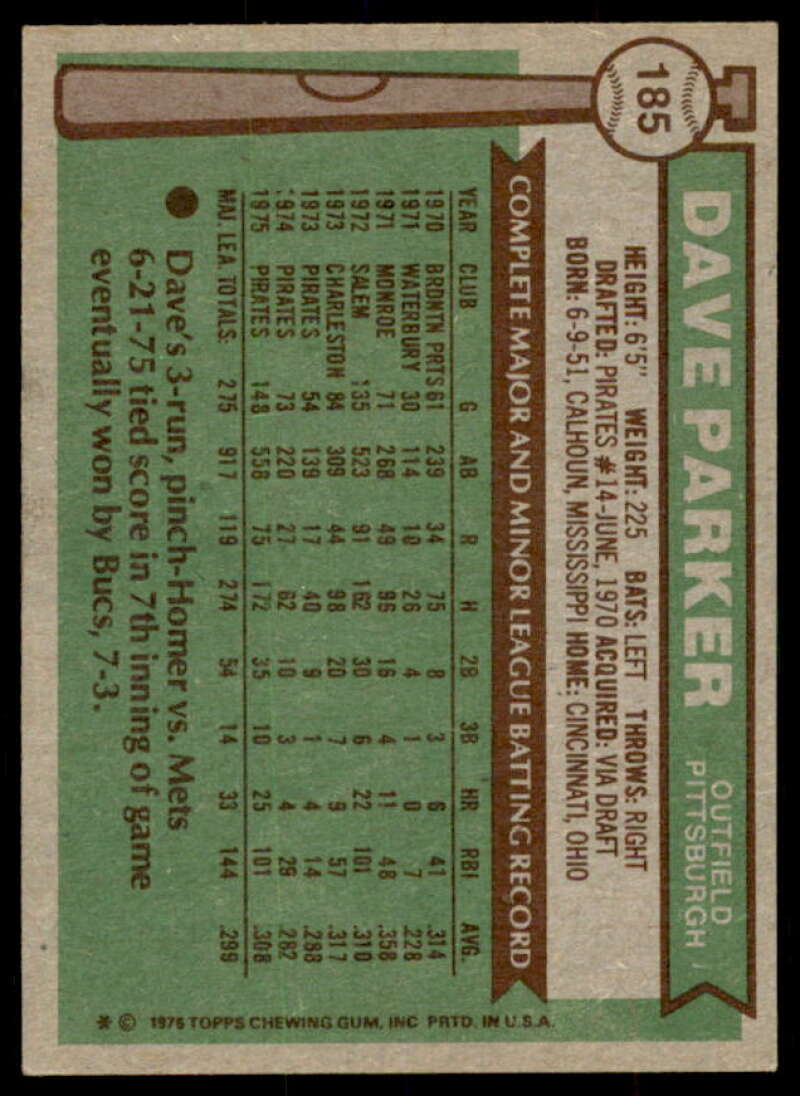 Dave Parker Card 1976 Topps #185  Image 2