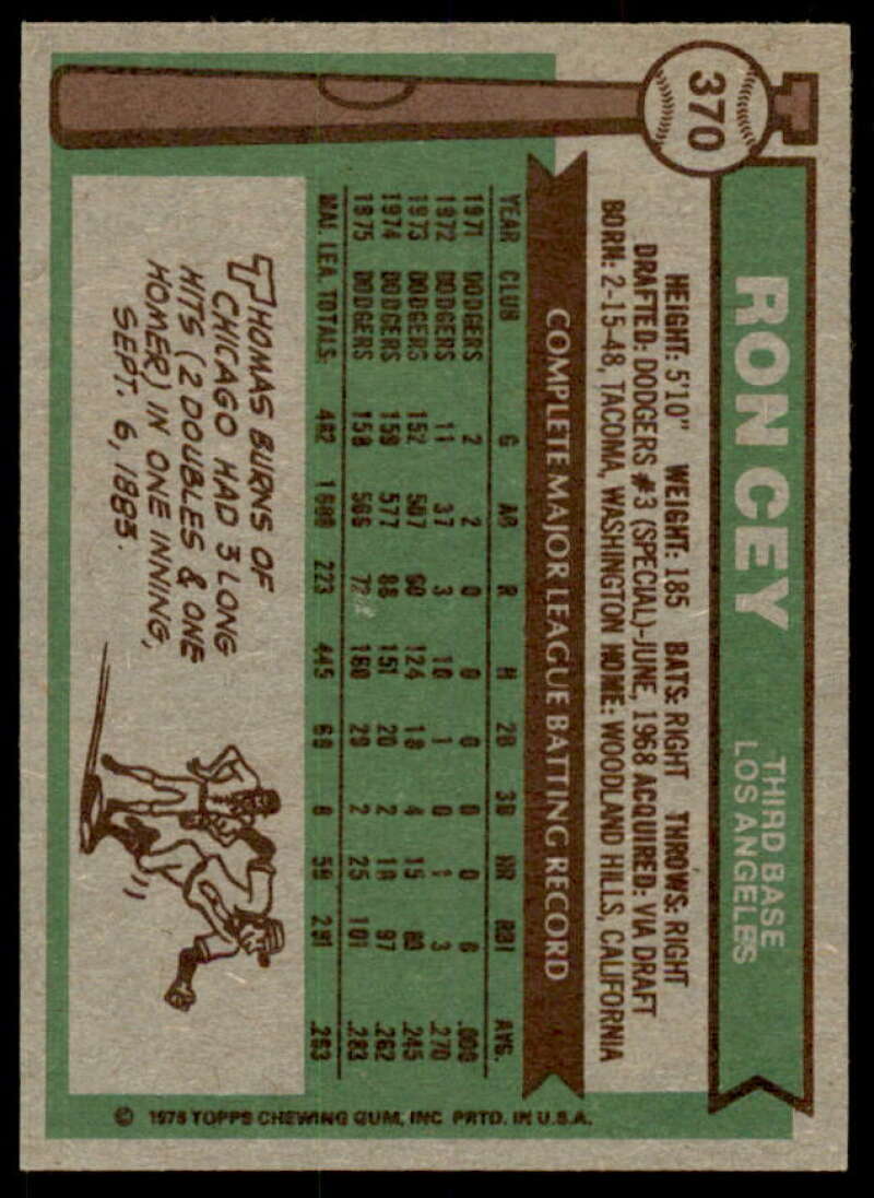 Ron Cey Card 1976 Topps #370  Image 2