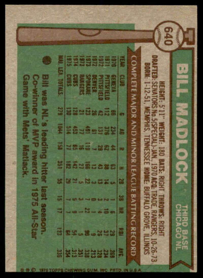 Bill Madlock Card 1976 Topps #640  Image 2