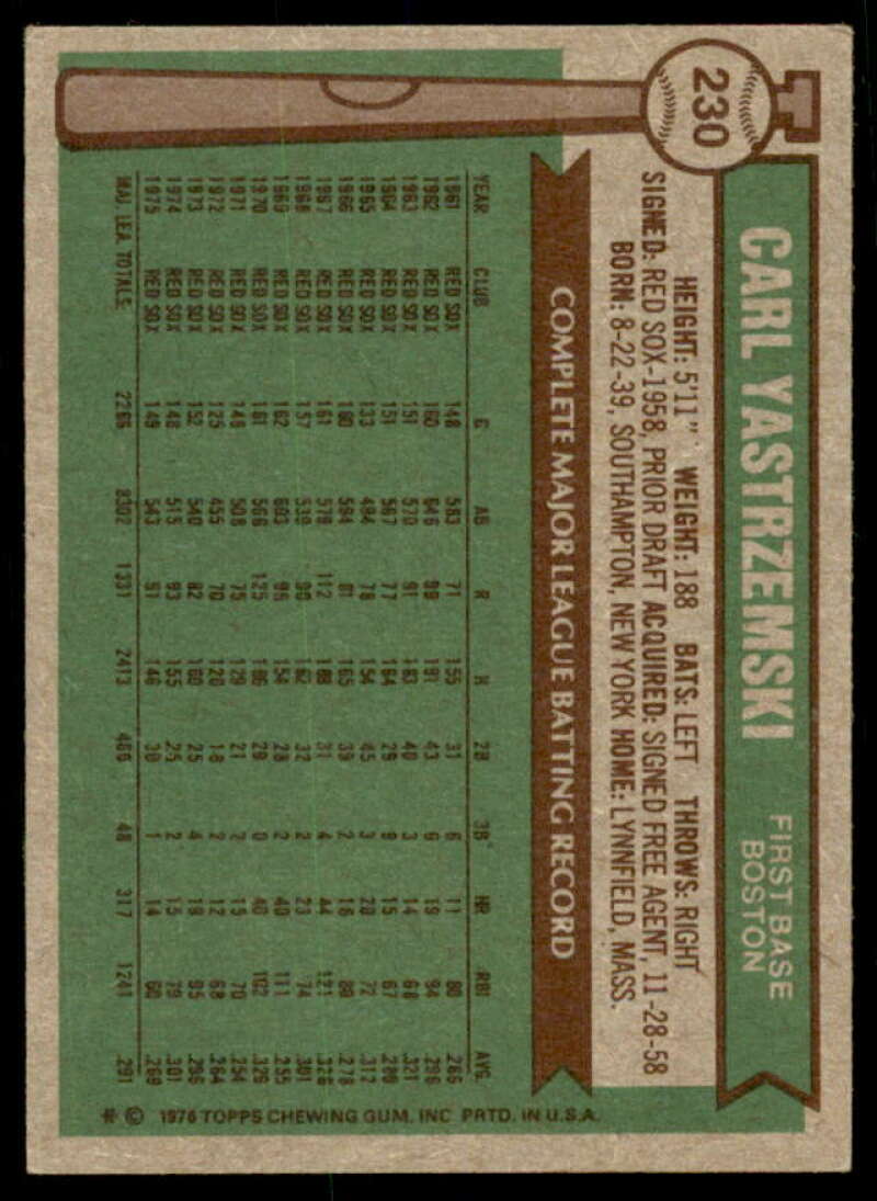 Carl Yastrzemski Card 1976 Topps #230  Image 2