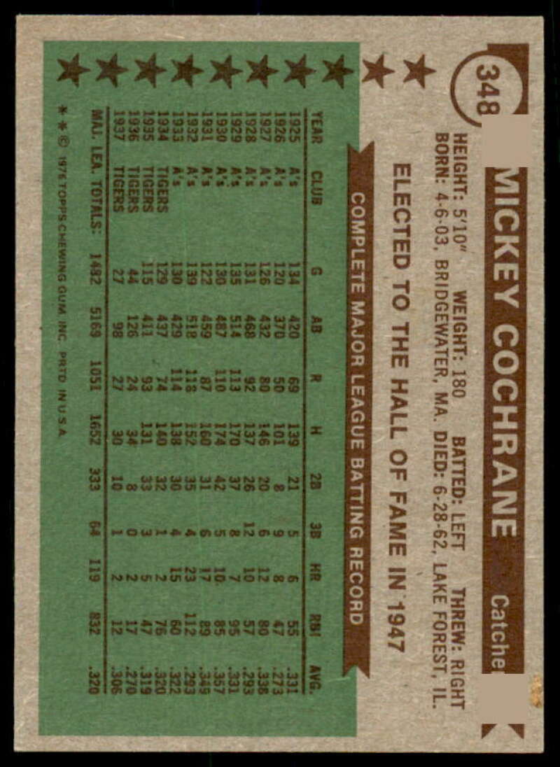 Mickey Cochrane ATG Card 1976 Topps #348  Image 2