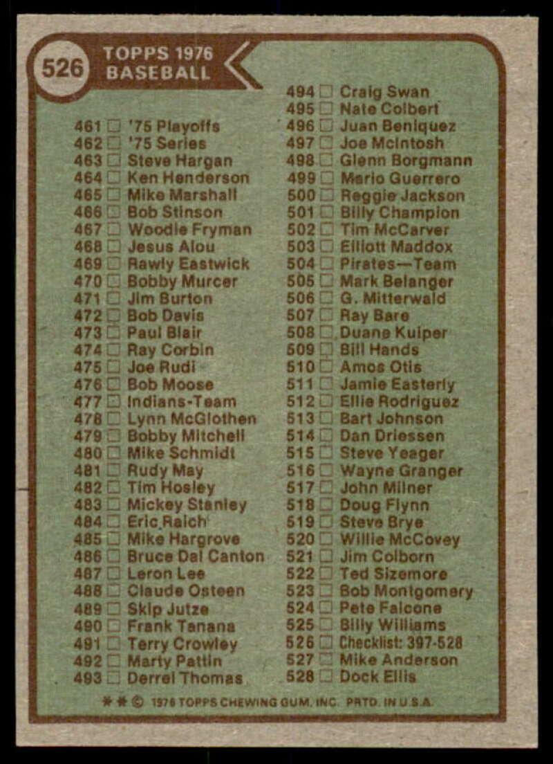 Checklist 397-528 Card 1976 Topps #526  Image 2