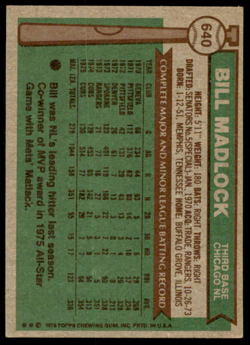 Bill Madlock Card 1976 Topps #640  Image 2