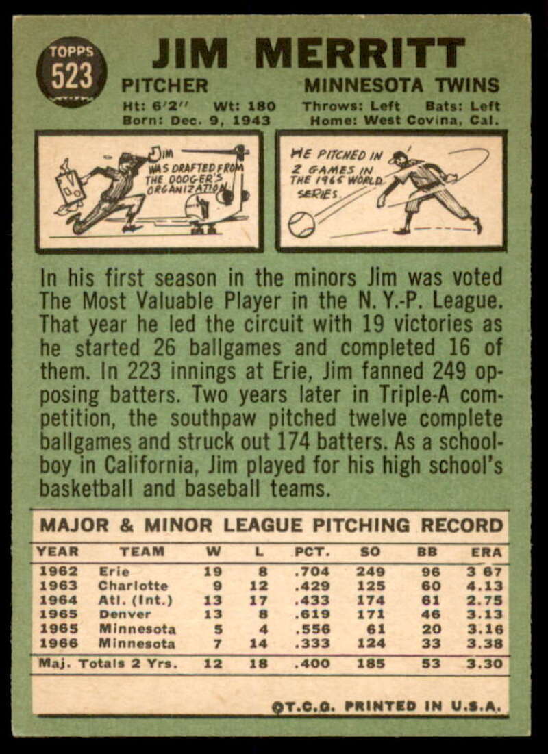 Jim Merritt Card 1967 Topps #523  Image 2