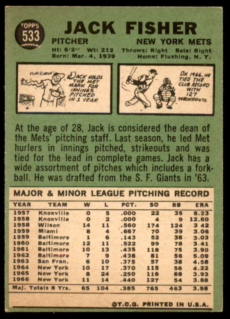 Jack Fisher Card 1967 Topps #533  Image 2