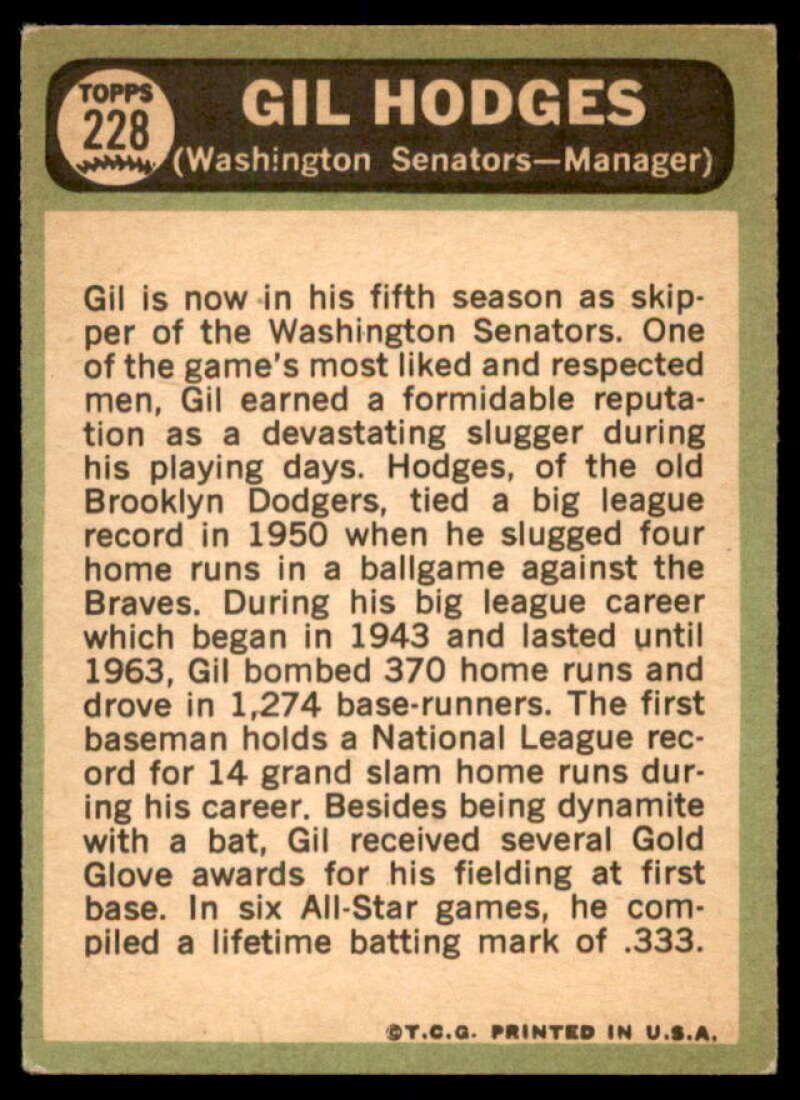 Gil Hodges MG Card 1967 Topps #228  Image 2