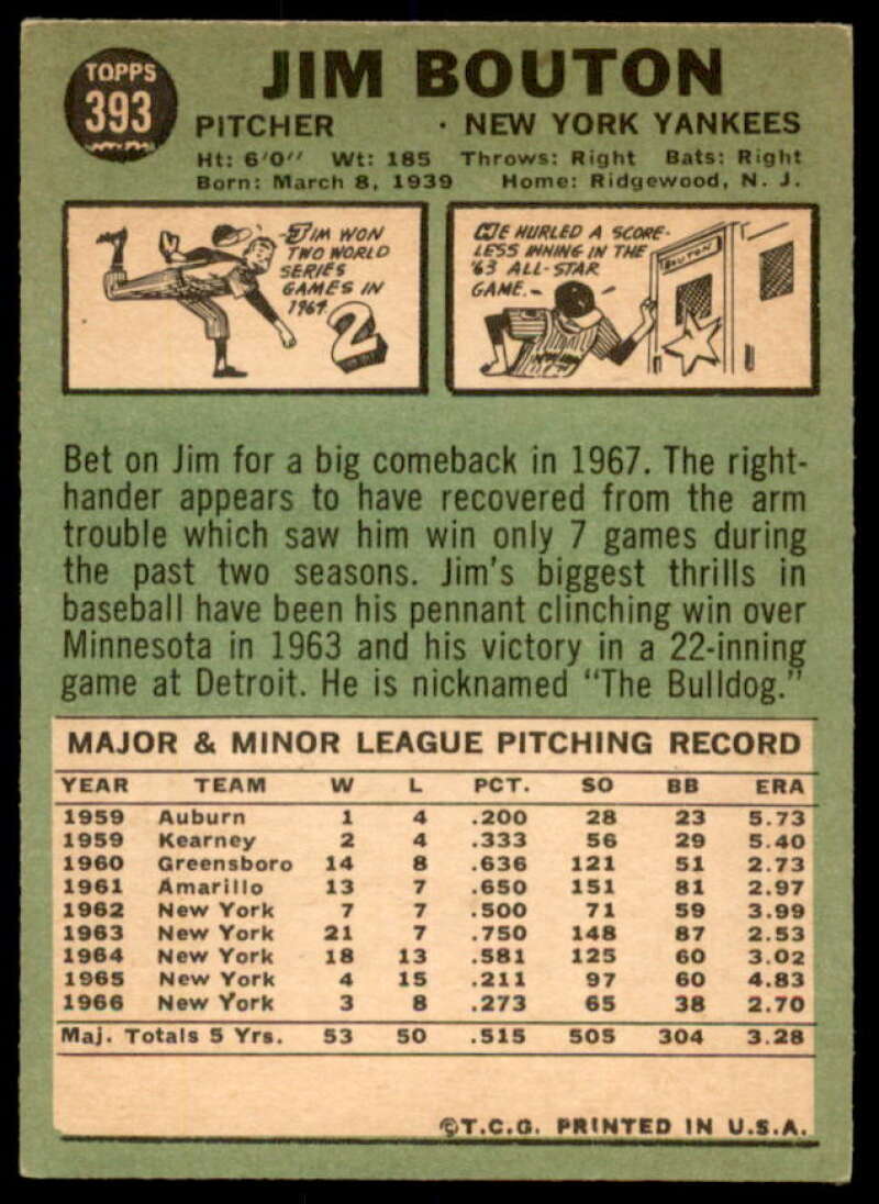 Jim Bouton DP Card 1967 Topps #393  Image 2