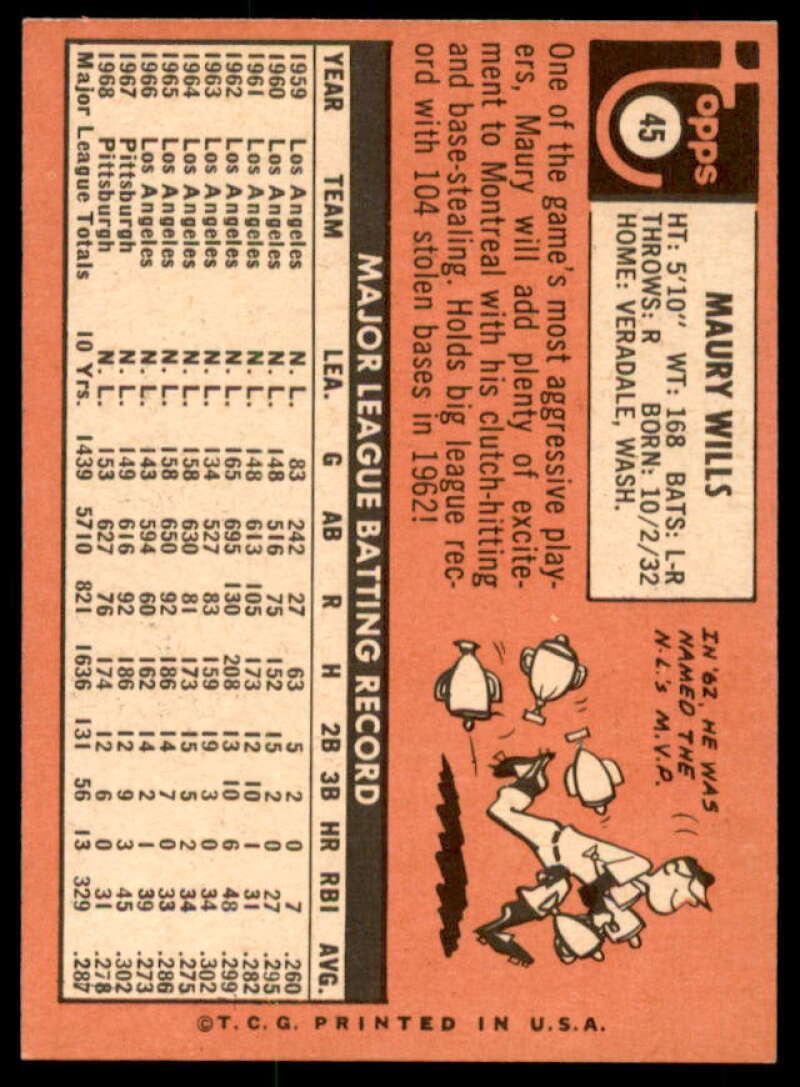 Maury Wills Card 1969 Topps #45  Image 2