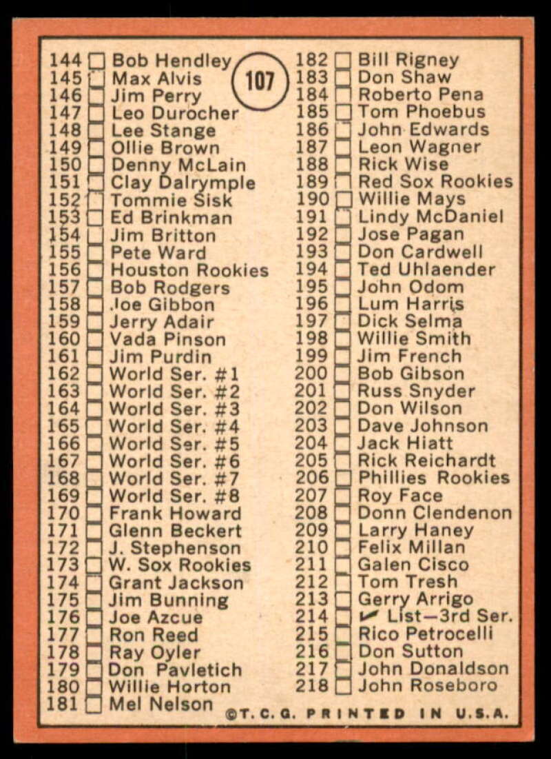 Checklist 2 ERR/Bob Gibson/161 Jim Purdin Card 1969 Topps #107A  Image 2