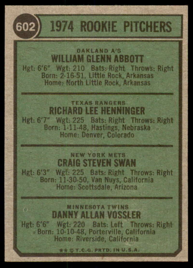 Rookie Pitchers/Glen Abbott RC/Henninger RC/Swan RC/Vossler RC 1974 Topps #602  Image 2