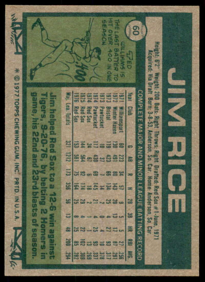 Jim Rice Card 1977 Topps #60  Image 2