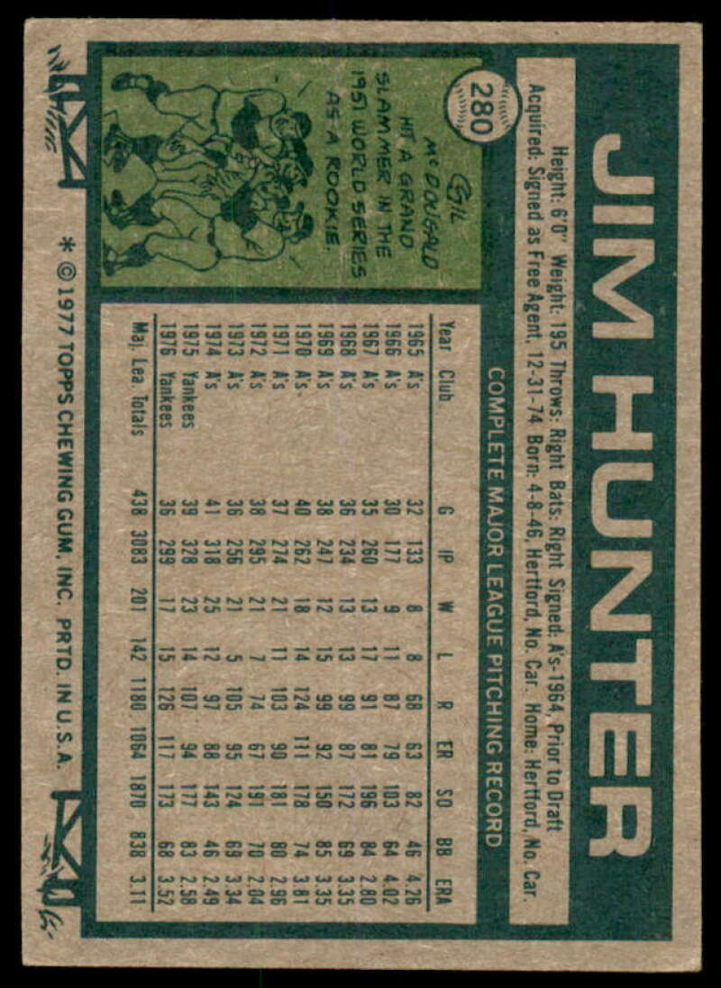 Jim Hunter Card 1977 Topps #280  Image 2