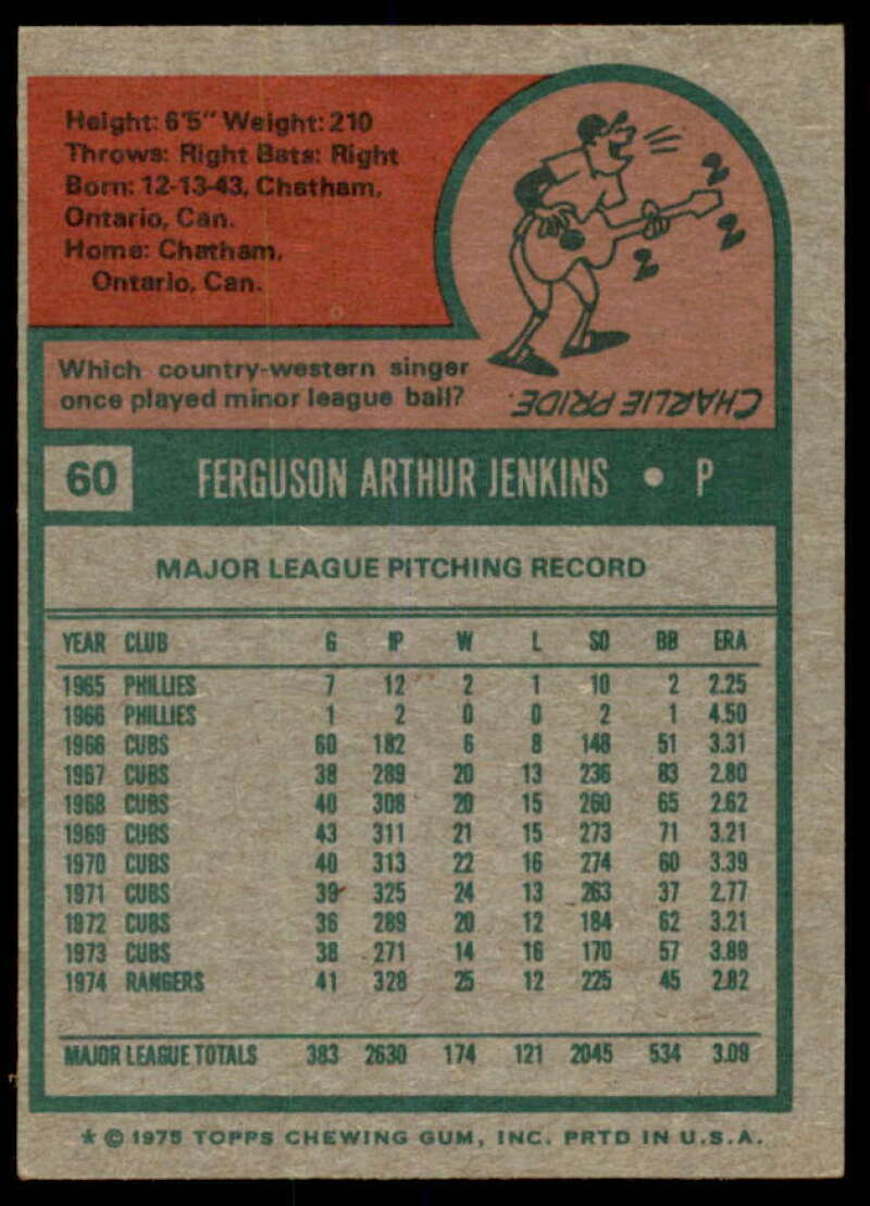 Fergie Jenkins Card 1975 Topps #60  Image 2