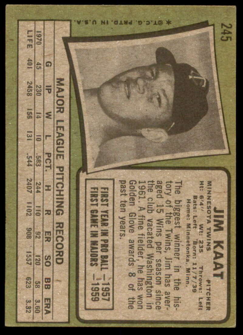 Jim Kaat Card 1971 Topps #245  Image 2