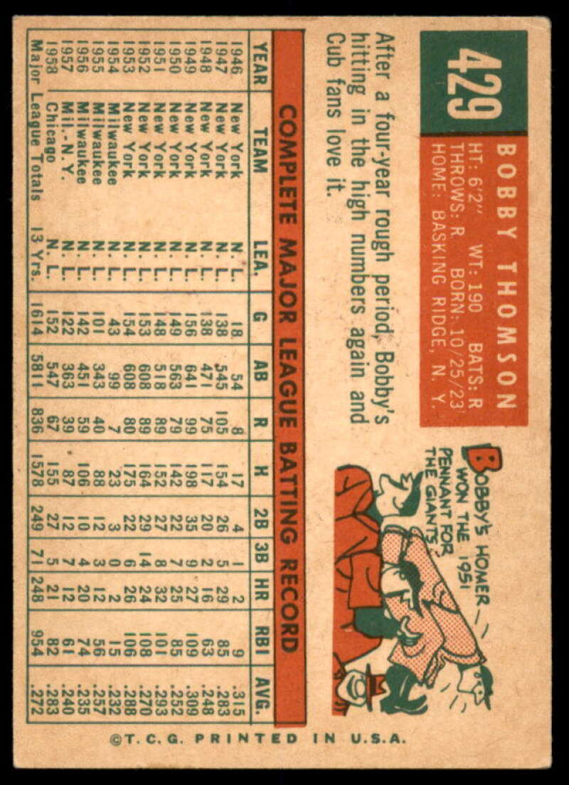 Bobby Thomson Card 1959 Topps #429  Image 2