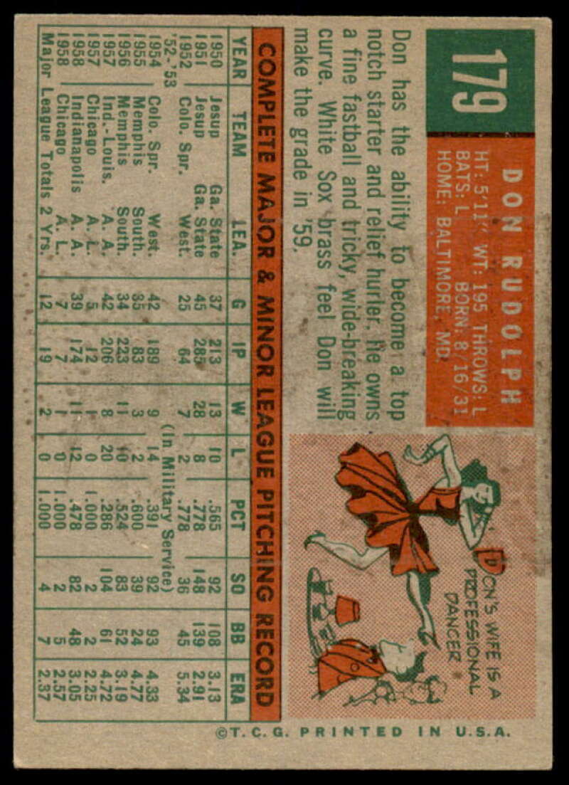 Don Rudolph Card 1959 Topps #179  Image 2