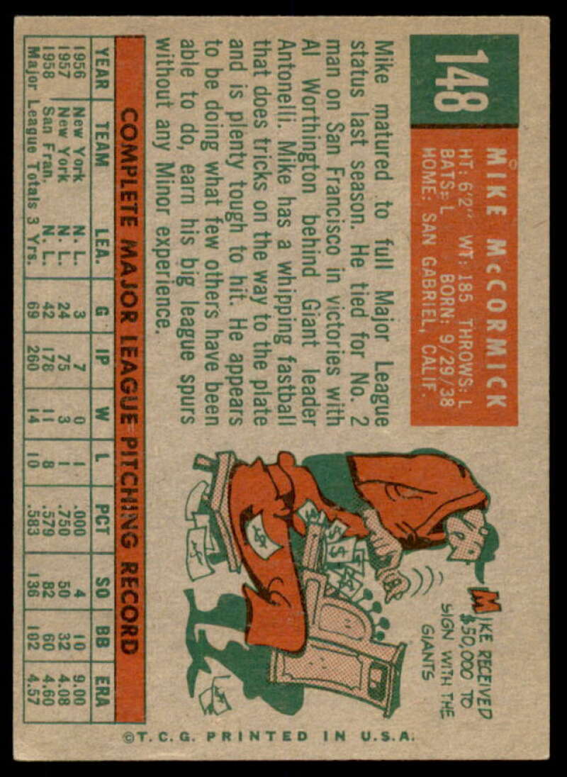 Mike McCormick Card 1959 Topps #148  Image 2