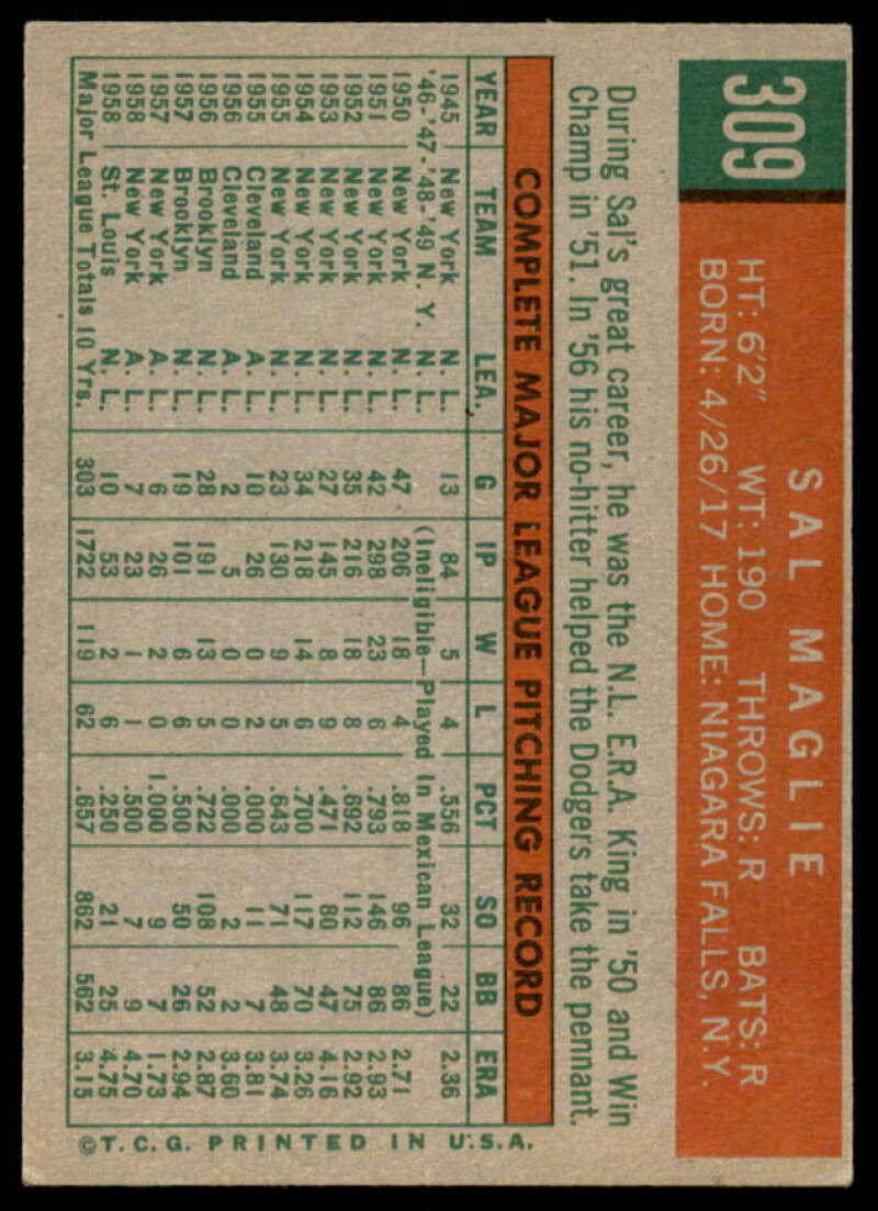 Sal Maglie Card 1959 Topps #309  Image 2