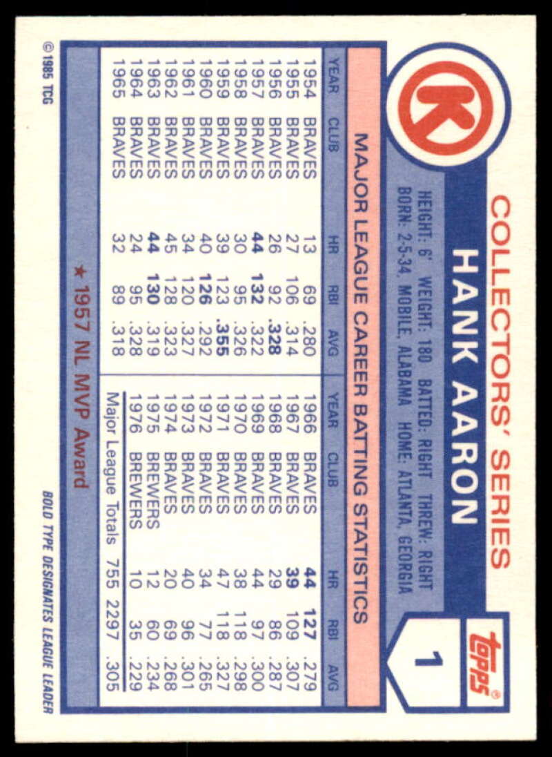 Hank Aaron Card 1985 Circle K #1  Image 2