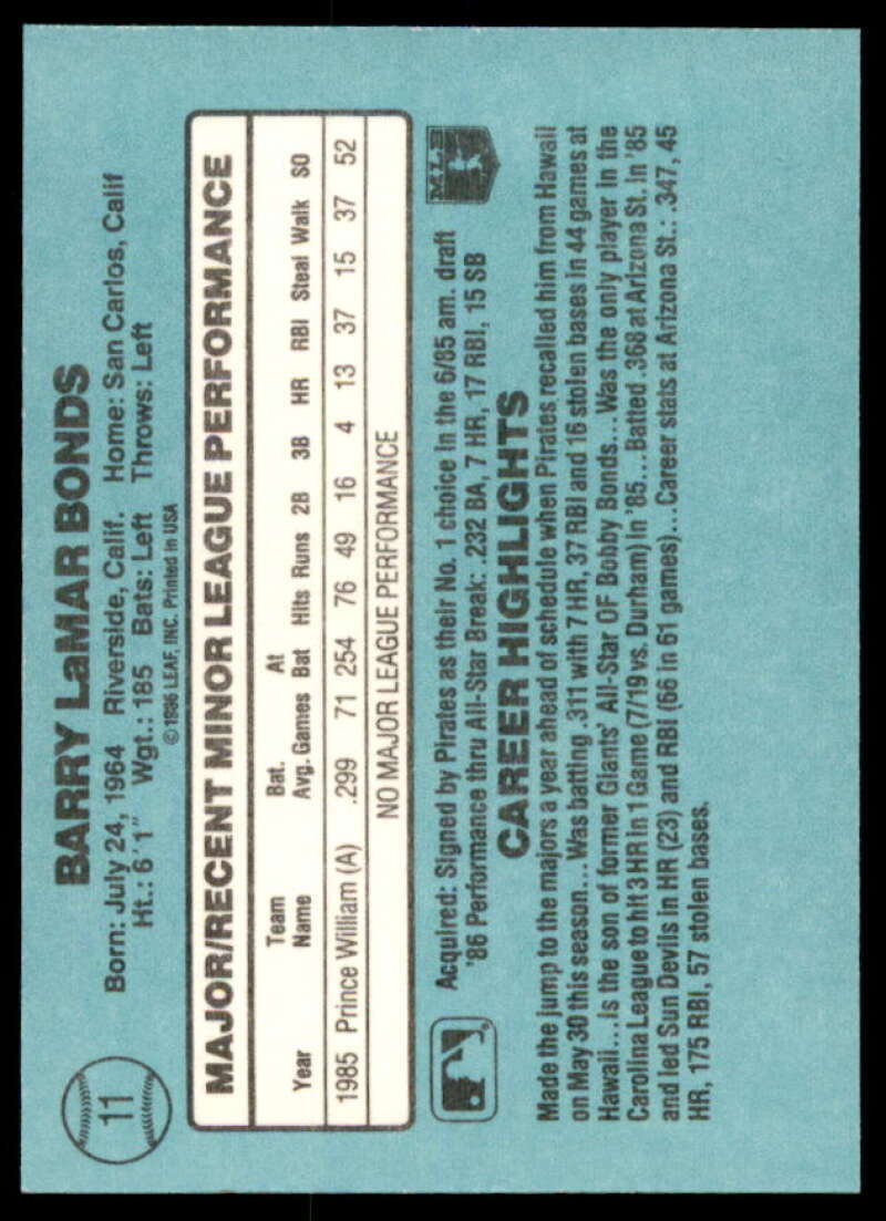 Barry Bonds XRC Rookie Card 1986 Donruss Rookies #11  Image 2