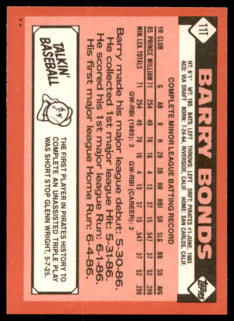 Barry Bonds XRC Rookie Card 1986 Topps Traded #11T  Image 2