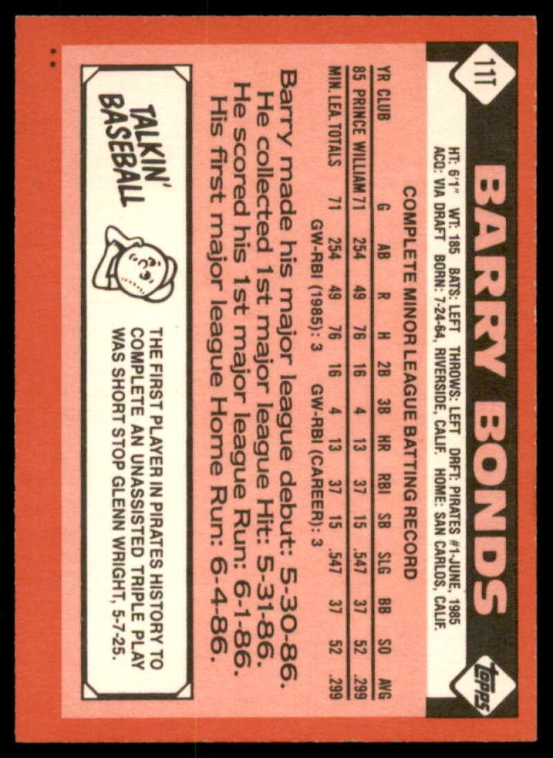 Barry Bonds XRC Rookie Card 1986 Topps Traded #11T  Image 2