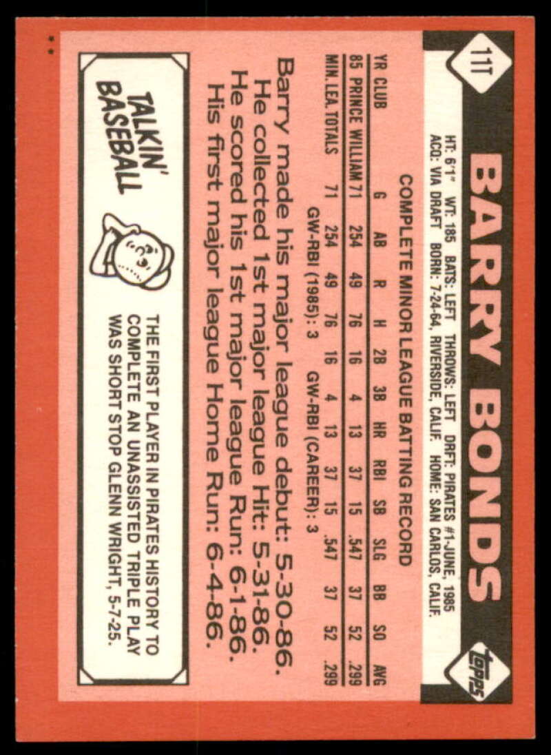 Barry Bonds XRC Rookie Card 1986 Topps Traded #11T  Image 2