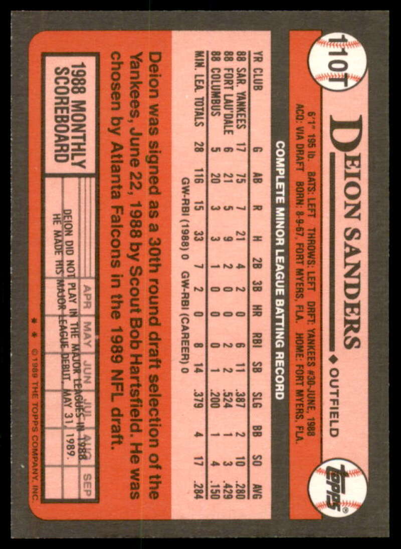 Deion Sanders Baseball Rookie Card 1989 Topps Traded #110T  Image 2